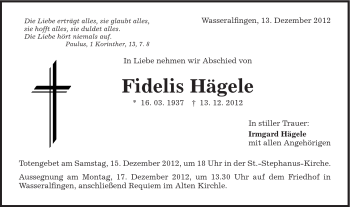 Traueranzeige von Fidelis Hägele von Schwäbische Post