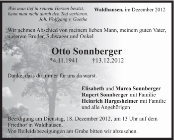 Traueranzeige von Otto Sonnberger von Gmünder Tagespost