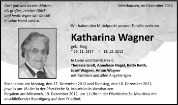 Traueranzeige von Katharina Wagner von Schwäbische Post