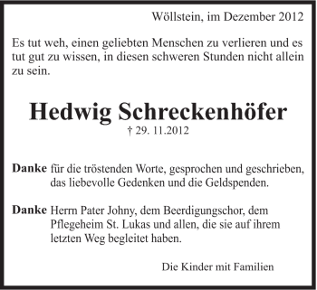 Traueranzeige von Hedwig Schreckenhöfer von Schwäbische Post