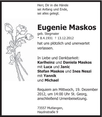 Traueranzeige von Maskos Eugenie von Gmünder Tagespost