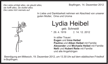 Traueranzeige von Lydia Heibel von Schwäbische Post