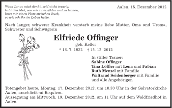 Traueranzeige von Elfriede Offinger von Schwäbische Post