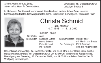 Traueranzeige von Christa Schmid von Schwäbische Post