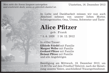 Traueranzeige von Pfitzer Alice von Gmünder Tagespost