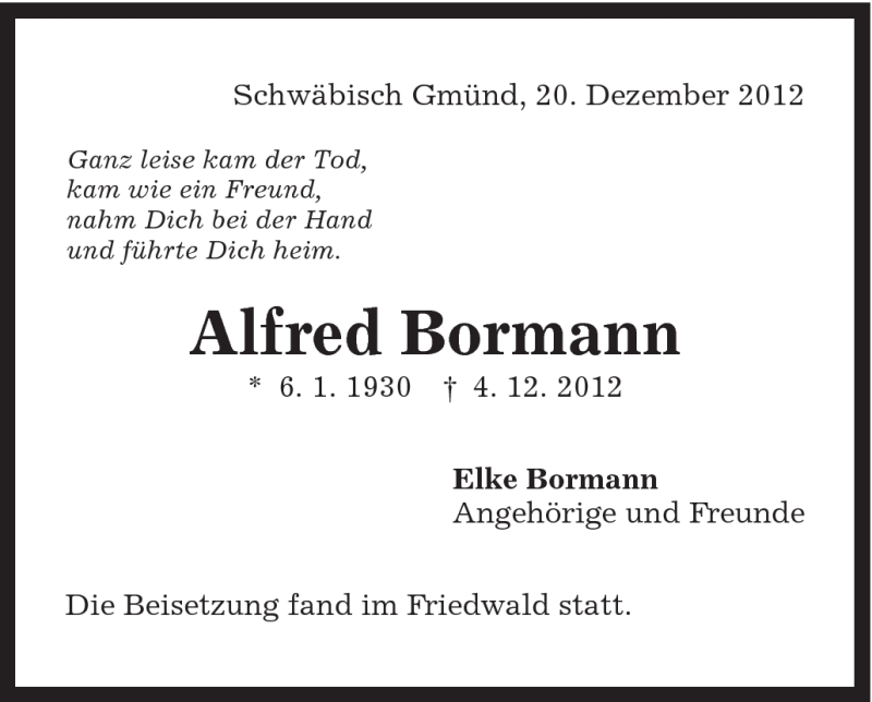 Traueranzeigen von Alfred Bormann OstalbTrauer