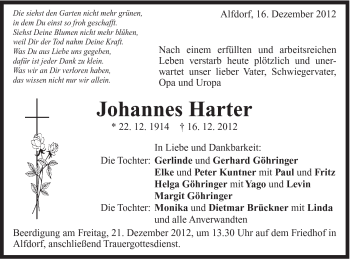 Traueranzeige von Johannes Harter von Gmünder Tagespost