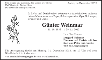 Traueranzeige von Günter Weinmar von Schwäbische Post