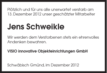 Traueranzeige von Jens Schweikle von Gmünder Tagespost