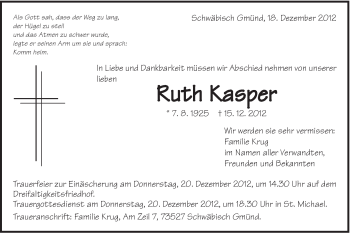 Traueranzeige von Ruth Kasper von Gmünder Tagespost
