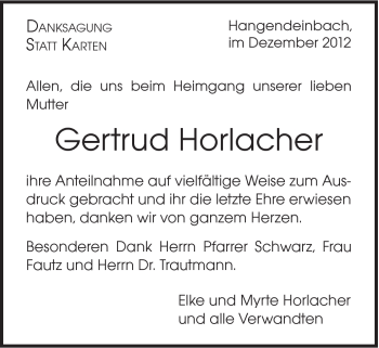 Traueranzeige von Gertrud Horlacher von Gmünder Tagespost