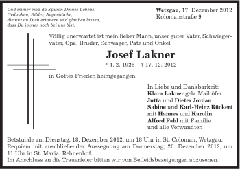 Traueranzeige von Josef Lakner von Gmünder Tagespost