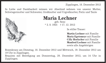 Traueranzeige von Maria Lechner von Schwäbische Post