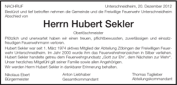 Traueranzeige von Hubert Sekler von Schwäbische Post