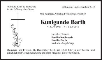 Traueranzeige von Kunigunde Barth von Gmünder Tagespost