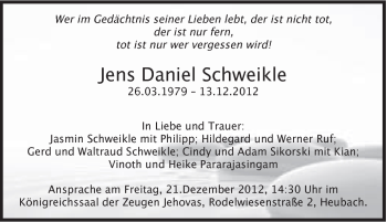Traueranzeige von Jens Daniel Schweikle von Gmünder Tagespost
