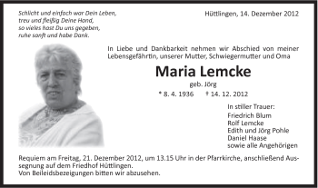 Traueranzeige von Maria Lemcke von Schwäbische Post
