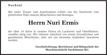 Traueranzeige von Nuri Ermis von Schwäbische Post
