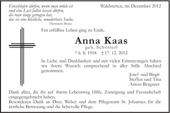 Traueranzeige von Anna Kaas von Gmünder Tagespost