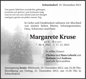 Traueranzeige von Margarete Kruse von Schwäbische Post