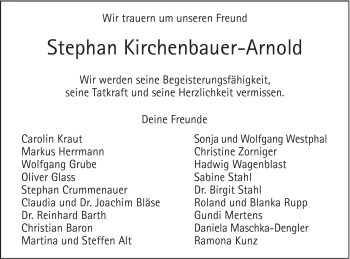 Traueranzeige von Stephan Kirchenbauer-Arnold von Gmünder Tagespost
