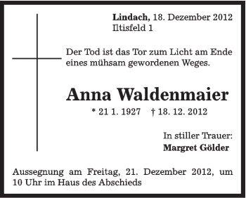 Traueranzeige von Anna Waldenmaier von Gmünder Tagespost