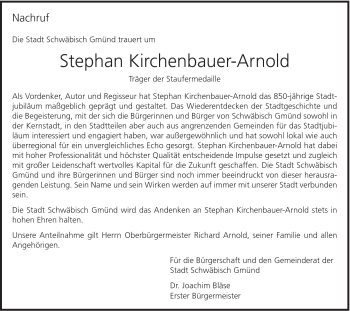Traueranzeige von Stephan Kirchenbauer-Arnold von Gmünder Tagespost