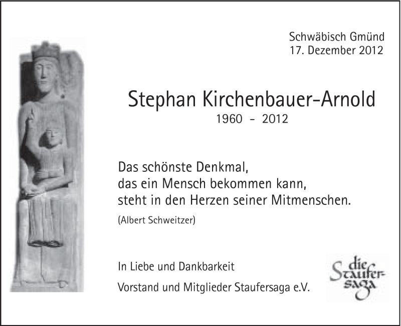  Traueranzeige für Stephan Kirchenbauer-Arnold vom 19.12.2012 aus Gmünder Tagespost