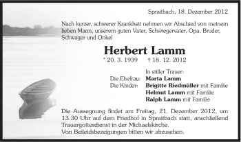Traueranzeige von Herbert Lamm von Gmünder Tagespost