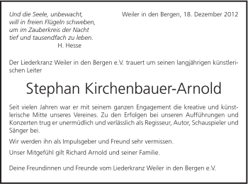 Traueranzeige von Stephan Kirchenbauer-Arnold von Gmünder Tagespost