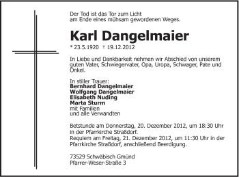 Traueranzeige von Karl Dangelmaier von Gmünder Tagespost