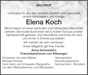 Traueranzeige von Elena Koch von Schwäbische Post
