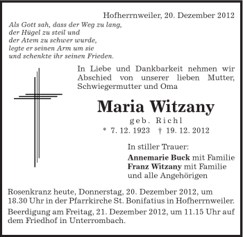 Traueranzeige von Maria Witzany von Schwäbische Post