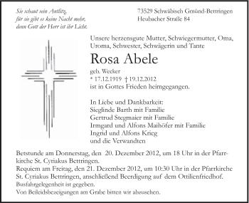 Traueranzeige von Rosa Abele von Gmünder Tagespost
