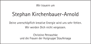 Traueranzeige von Stephan Kirchenbauer-Arnold von Gmünder Tagespost