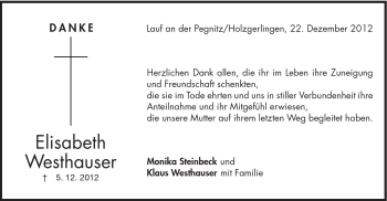 Traueranzeige von Elisabeth Westhauser von Schwäbische Post