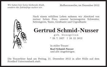 Traueranzeige von Gertrud Schmid-Nusser von Schwäbische Post