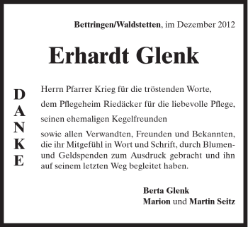 Traueranzeige von Erhardt Glenk von Gmünder Tagespost