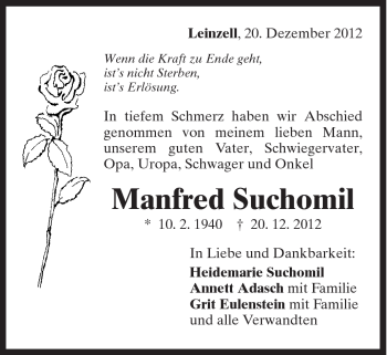 Traueranzeige von Manfred Suchomil von Gmünder Tagespost