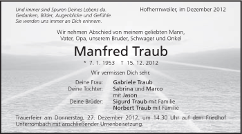 Traueranzeige von Manfred Traub von Schwäbische Post