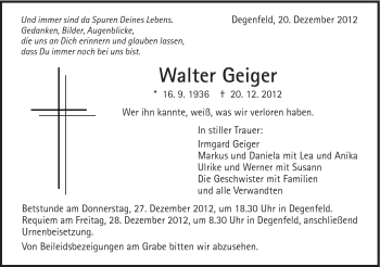 Traueranzeige von Walter Geiger von Gmünder Tagespost