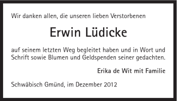 Traueranzeige von Erwin Lüdicke von Gmünder Tagespost