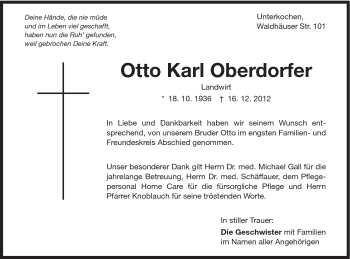 Traueranzeige von Otto Karl Oberdorfer von Schwäbische Post