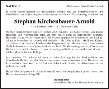 Traueranzeige von Stephan Kirchbauer-Arnold von Gmünder Tagespost
