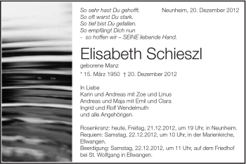 Traueranzeige von Elisabeth Schieszl von Schwäbische Post