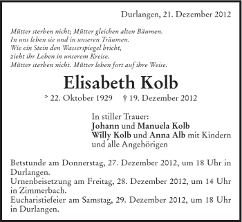 Traueranzeige von Elisabeth Kolb von Gmünder Tagespost