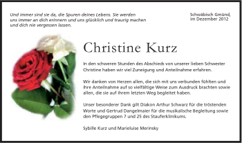 Traueranzeige von Christine Kurz von Gmünder Tagespost