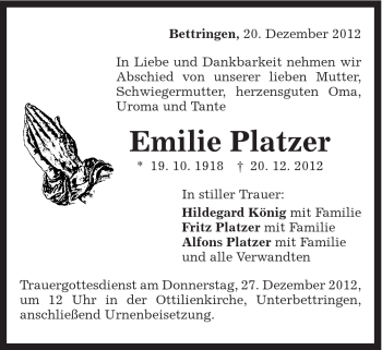 Traueranzeige von Emilie Platzer von Gmünder Tagespost