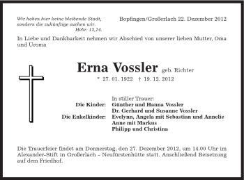 Traueranzeige von Erna Vossler von Schwäbische Post