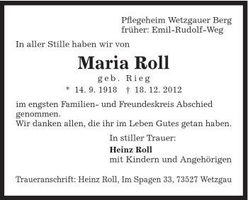 Traueranzeige von Maria Roll von Gmünder Tagespost